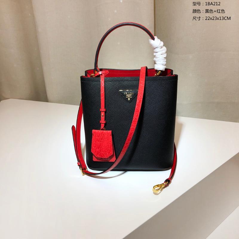 Prada 1BA212 Cross Pattern with Crocodile Pattern Handle in Black and Large Red